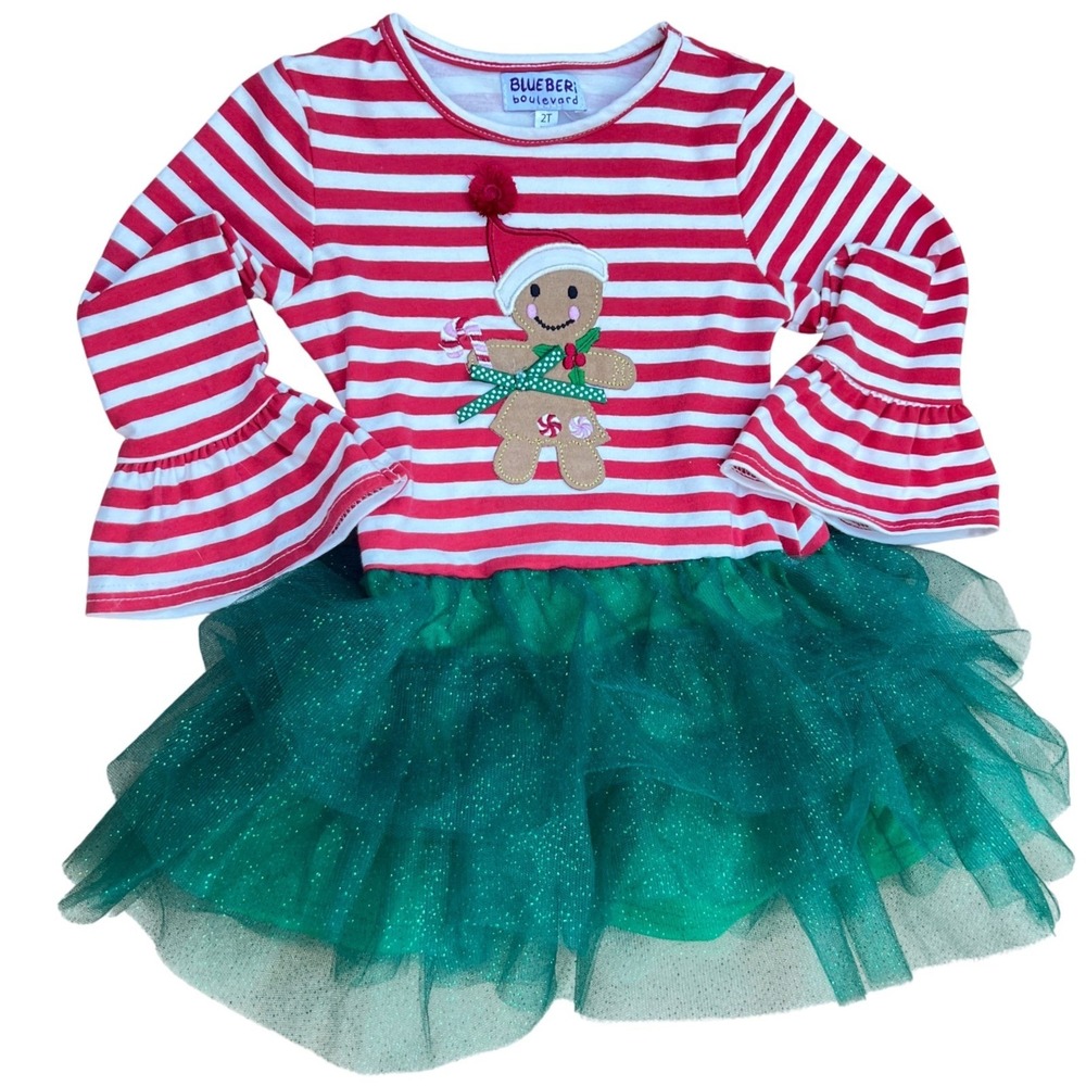 Kids 2T Blueberi Boulevard Red White Stripe Gingerbread Christmas Tutu Dress